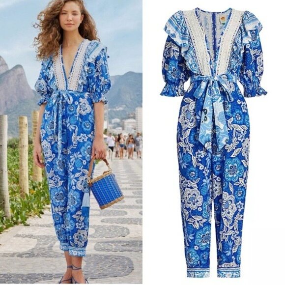 FARM Rio Pants - Farm Rio Full of Flowers Linen Ruffle Jumpsuit S Floral Lace Belted Vneck